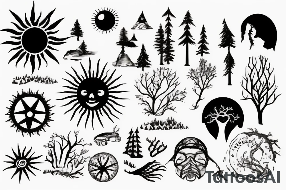 Beach with a sun and forest tattoo idea