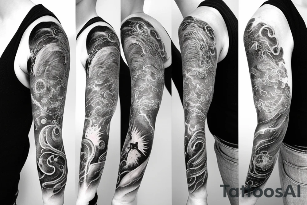 Sun, water, earth, and wind sleeve tattoo idea