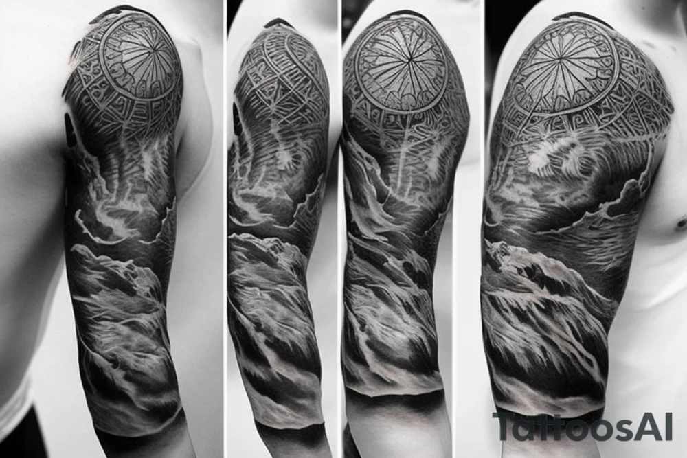 Sun, water, earth, and wind sleeve tattoo idea