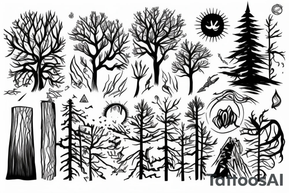 Hiking forest with sun and wind tattoo idea