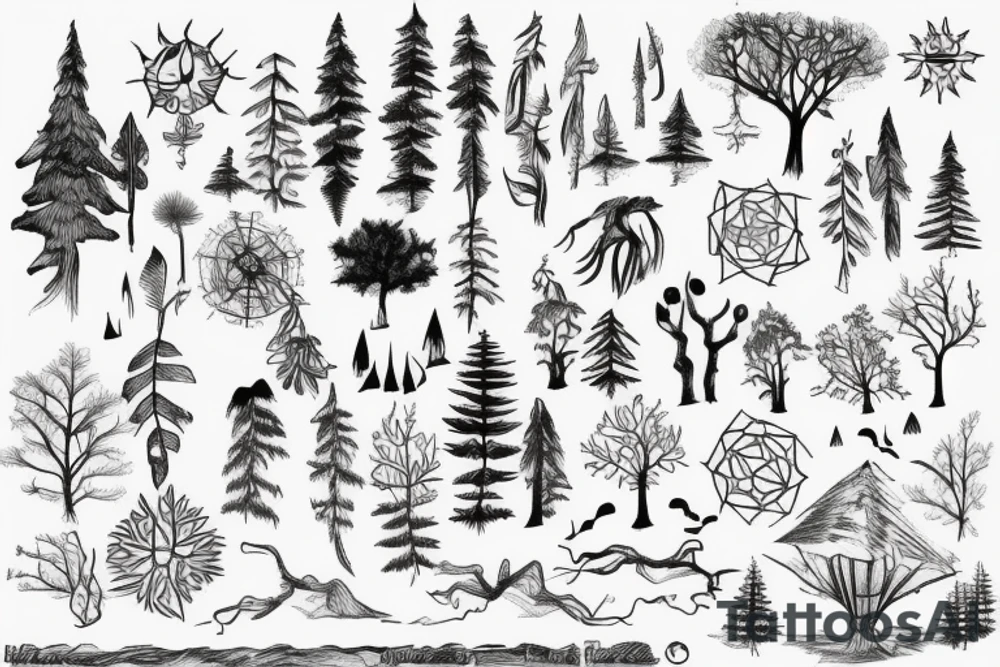 Hiking forest with sun and wind tattoo idea