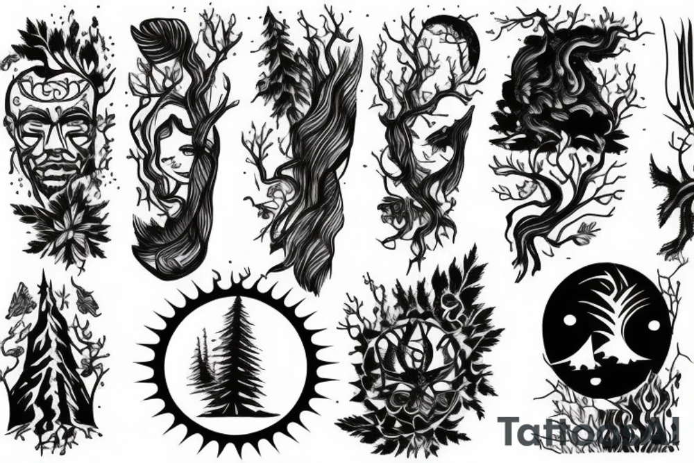 Hiking forest with sun and wind tattoo idea