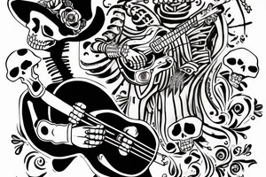 Skeleton wearing mariachi outfit, outside a social place, looking lonely, smoking, with a guitar next to him tattoo idea