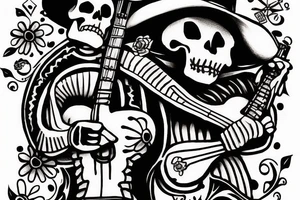 Skeleton wearing mariachi outfit, outside a social place, looking lonely, smoking, with a guitar next to him tattoo idea