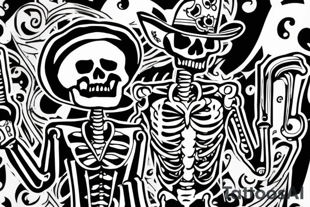 Skeleton wearing mariachi outfit, outside a social place, looking lonely, smoking tattoo idea