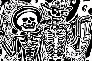 Skeleton wearing mariachi outfit, outside a social place, looking lonely, smoking tattoo idea