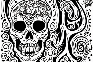 Skeleton wearing mariachi outfit, outside a social place, looking lonely, smoking tattoo idea
