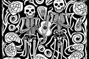Skeleton wearing mariachi outfit, outside a social place, looking lonely, smoking tattoo idea