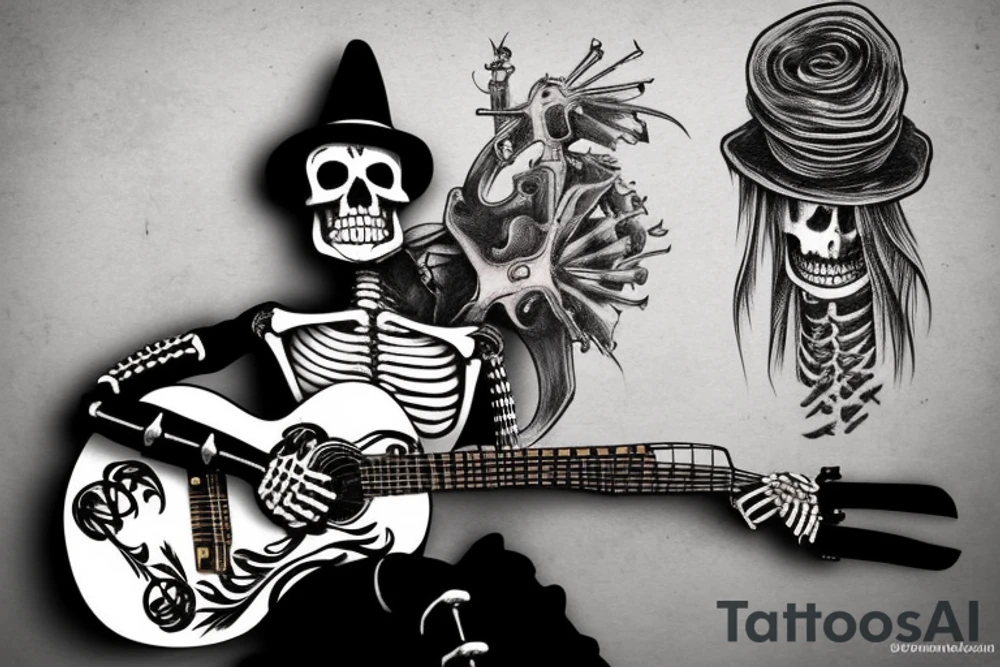 A character full body, sitting next to a wall, the character is a skeleton with an used mariachi hat, he have a guitar next to him tattoo idea