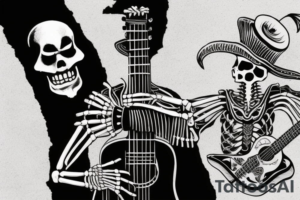 A character full body, sitting next to a wall, the character is a skeleton with an used mariachi hat, he have a guitar next to him tattoo idea