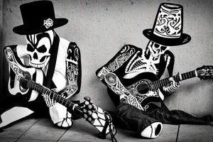 A character full body, sitting next to a wall, the character is a skeleton with an used mariachi hat, he have a guitar next to him, there is a backgrund, like a bar and the style is noire tattoo idea