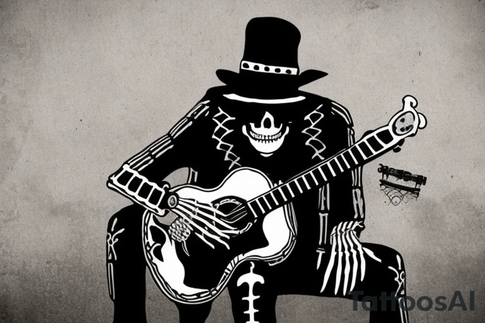 A character full body, sitting next to a wall, the character is a skeleton with an used mariachi hat, he have a guitar next to him, there is a backgrund, like a bar and the style is noire tattoo idea