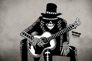 A character full body, sitting next to a wall, the character is a skeleton with an used mariachi hat, he have a guitar next to him, there is a backgrund, like a bar and the style is noire tattoo idea