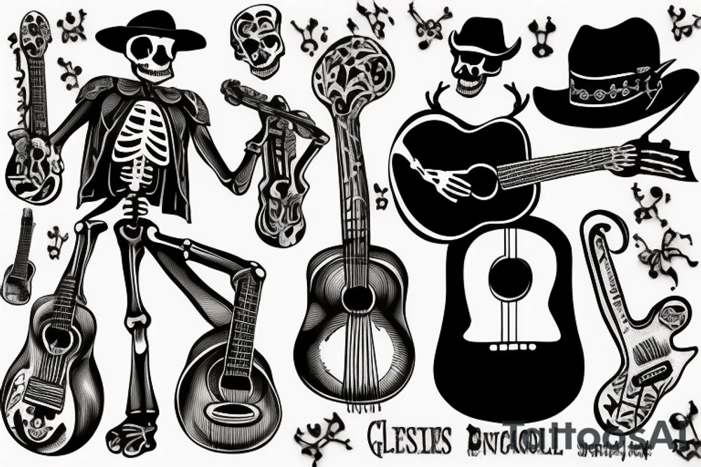 A character full body, sitting next to a wall, the character is a skeleton with an used mariachi hat, he have a guitar next to him, there is a background, like a bar and the style is like noire la. The guitar is laid on the wall tattoo idea