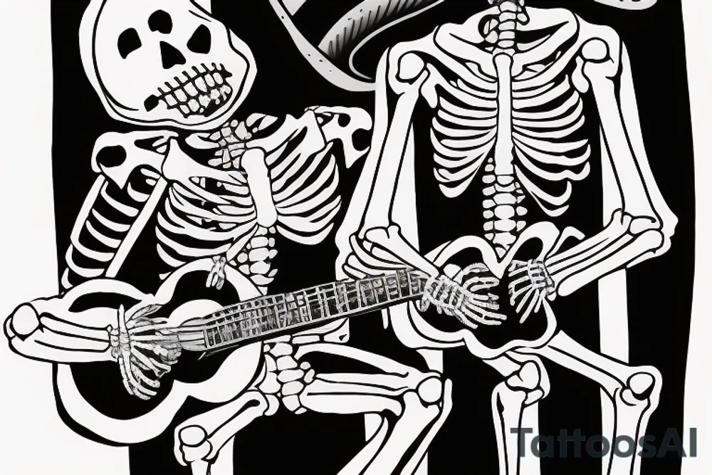 A character full body, sitting next to a wall, the character is a skeleton with an used mariachi hat, he have a guitar next to him, there is a background, like a bar and the style is like noire la. The guitar is laid on the wall tattoo idea