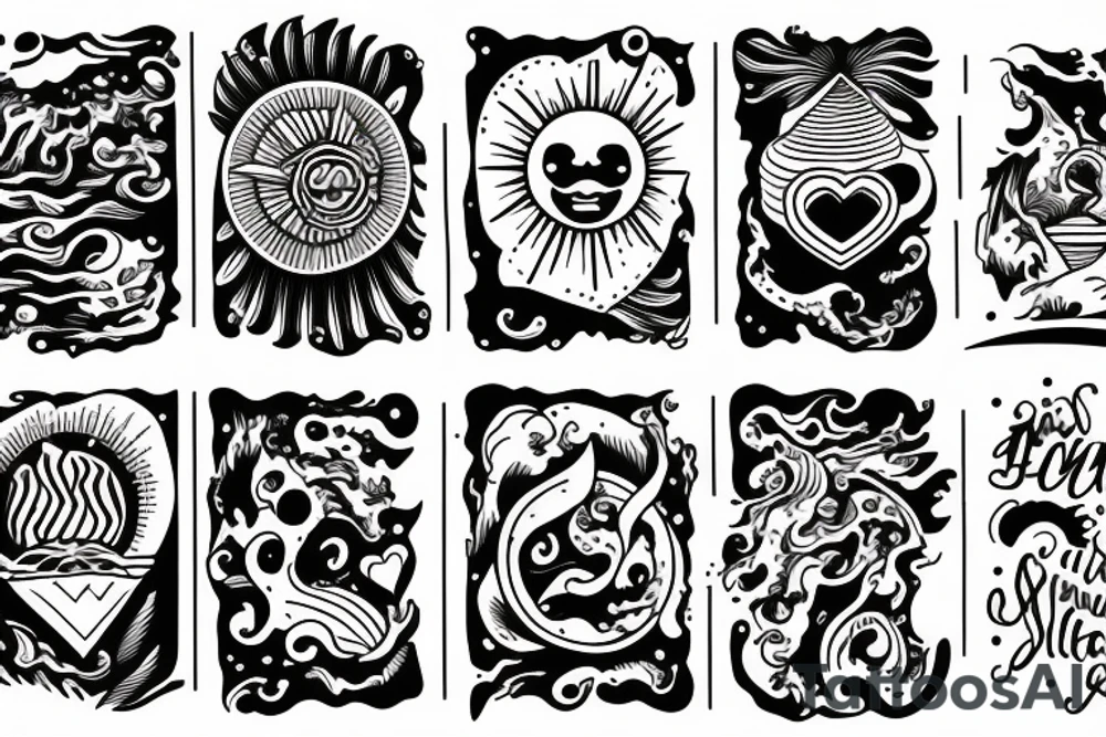 A sun and in the middle of the sun is the sea with Waves and a hidden Heart tattoo idea