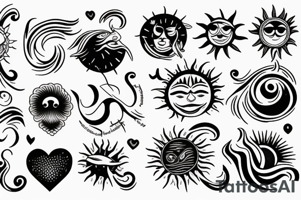 A sun and in the middle of the sun is the sea with Waves and a hidden Heart tattoo idea