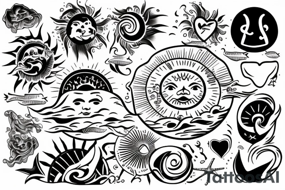 A sun and in the middle of the sun is the sea with Waves and a hidden Heart tattoo idea