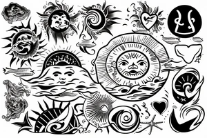 A sun and in the middle of the sun is the sea with Waves and a hidden Heart tattoo idea