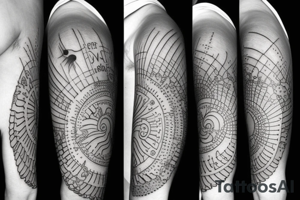 A sun without a Face and in the middle of the sun is the sea with Waves and a hidden Heart tattoo idea
