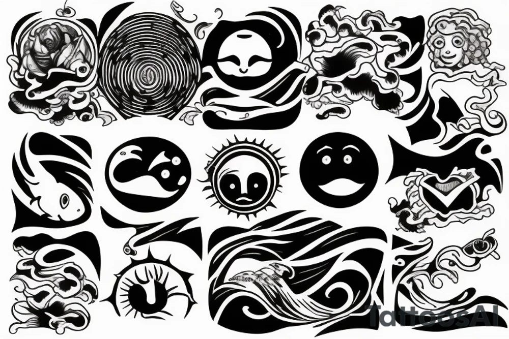 A sun without a Face and in the middle of the sun is the sea with Waves and a hidden Heart tattoo idea