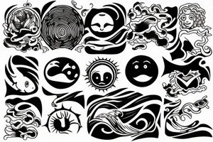 A sun without a Face  and in the middle of the sun is the sea with Waves and a hidden Heart tattoo idea