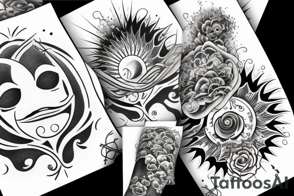 A sun without a Face and in the middle of the sun is the sea with Waves and a hidden Heart tattoo idea