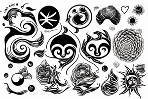 A sun without a Face and in the middle of the sun is the sea with Waves and a hidden Heart tattoo idea