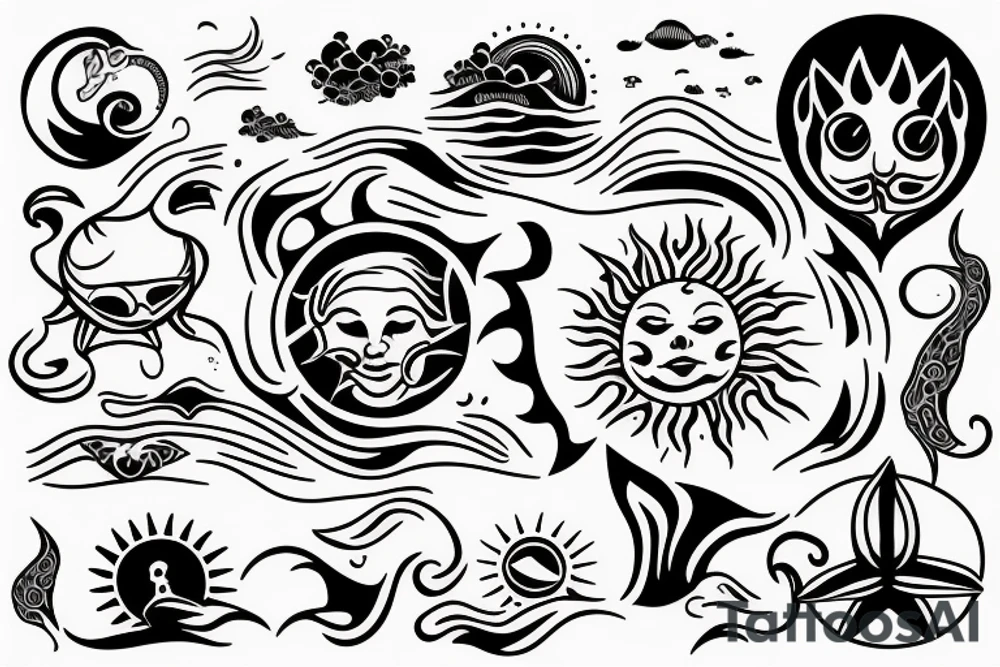 A sun without a Face and in the middle of the sun is the sea with Waves and a hidden Heart tattoo idea