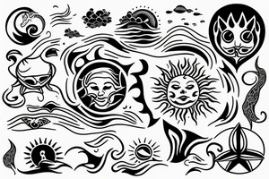 A sun without a Face and in the middle of the sun is the sea with Waves and a hidden Heart tattoo idea