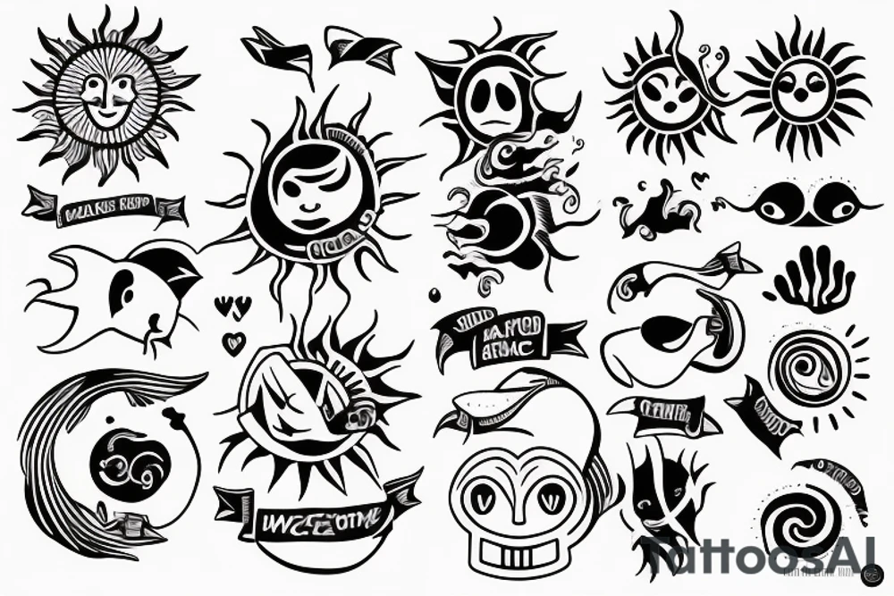 A sun without a Face and in the middle of the sun is the sea with Waves and a hidden Heart tattoo idea