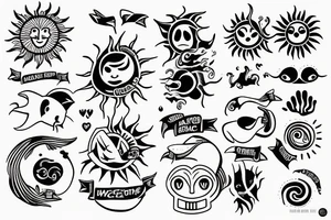 A sun without a Face and in the middle of the sun is the sea with Waves and a hidden Heart tattoo idea