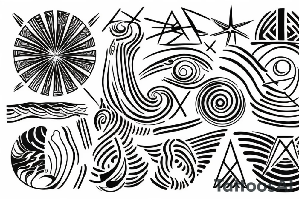 the sea with the waves is in the middle of a greek sun tattoo idea