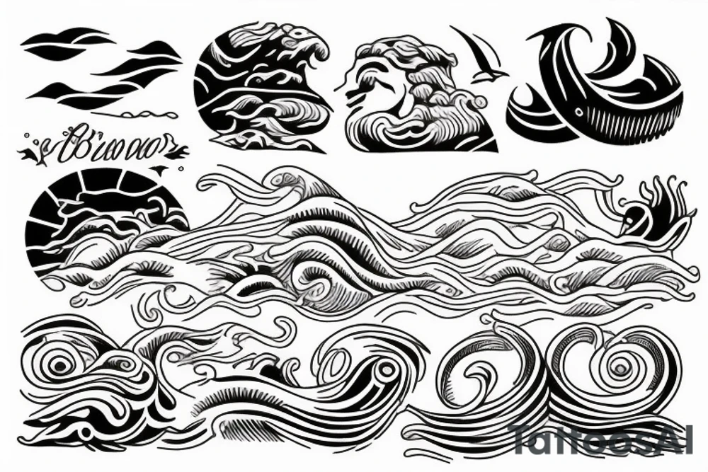 the sea with the waves is in the middle of a greek sun tattoo idea