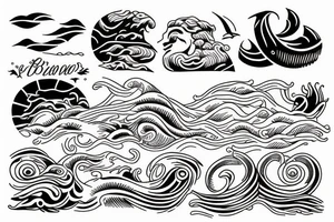 the sea with the waves is in the middle of a greek sun tattoo idea