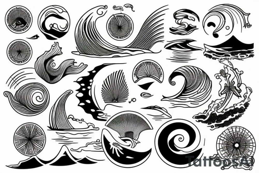 the sea with the waves is in the middle of a greek sun tattoo idea