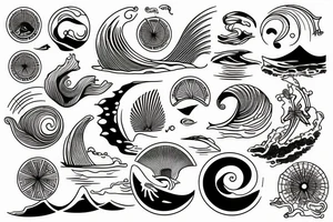 the sea with the waves is in the middle of a greek sun tattoo idea