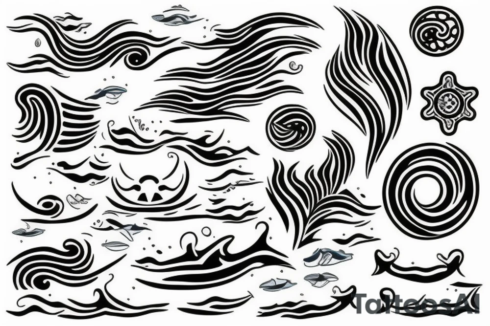 the sea with the waves is in the middle of a sun tattoo idea