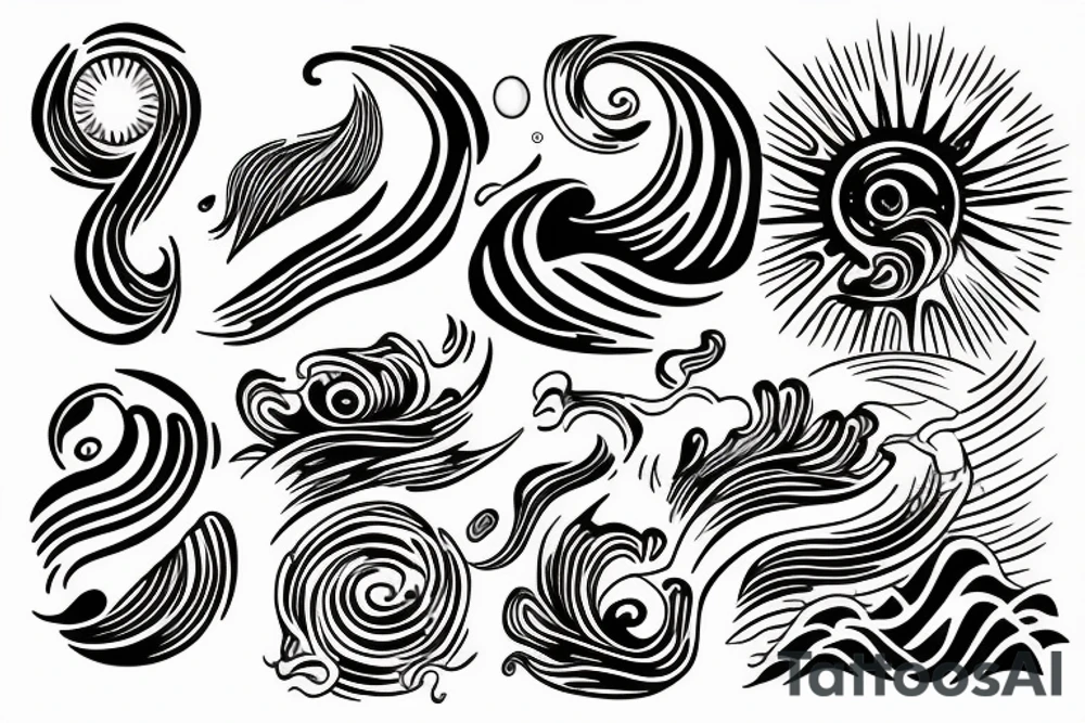 the sea with the waves is in the middle of a sun tattoo idea