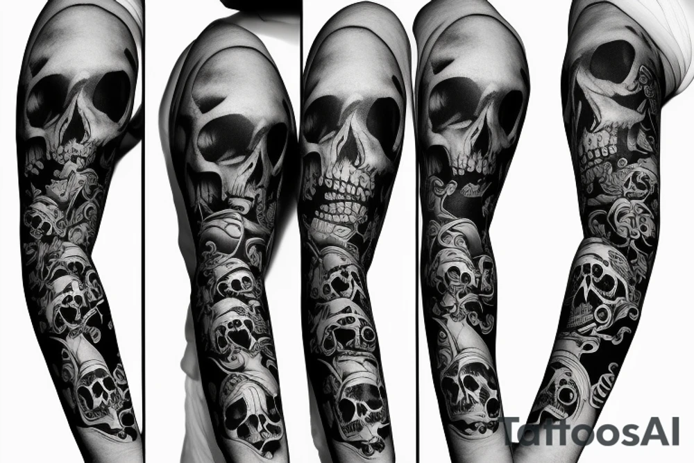 arm sleeve with watch and skulls tattoo idea