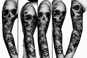 arm sleeve with watch and skulls tattoo idea