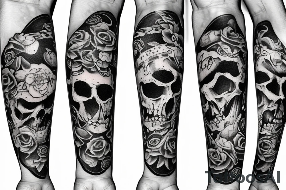 arm sleeve with watch and skulls tattoo idea