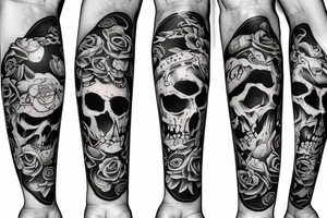 arm sleeve with watch and skulls tattoo idea