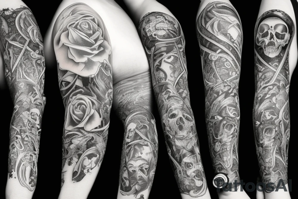 arm sleeve with death, watch, and life tattoo idea