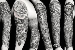 arm sleeve with death, watch, and life tattoo idea