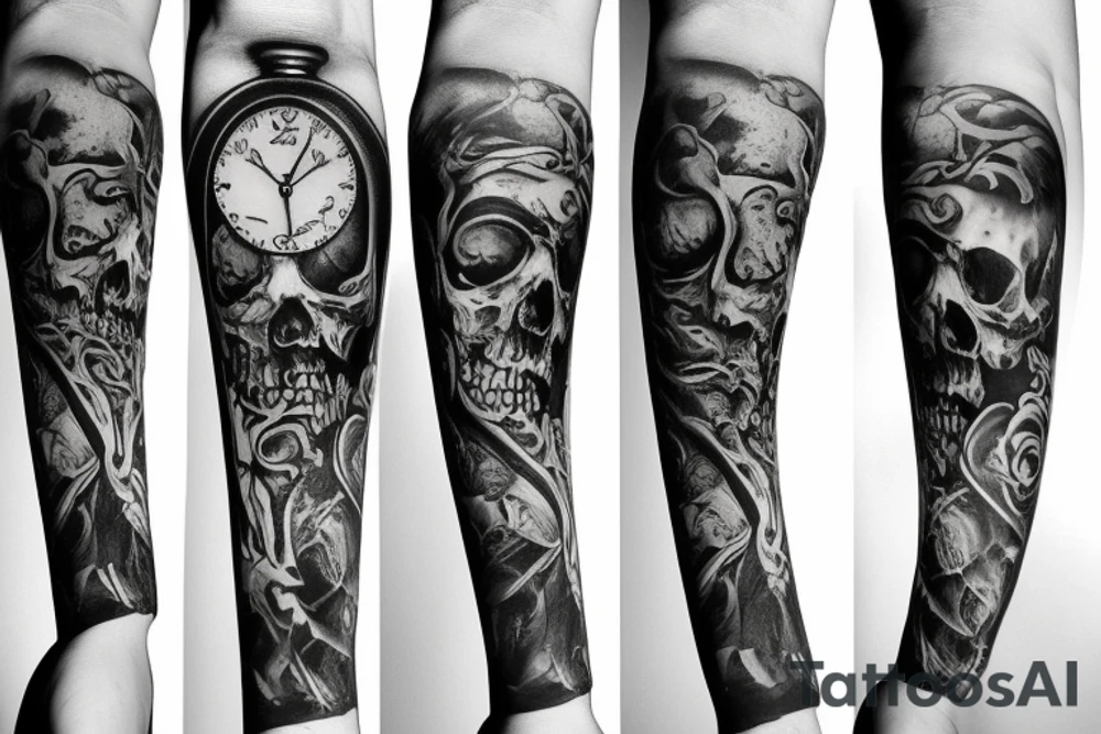 arm sleeve with death, watch, and life tattoo idea