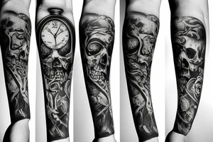 arm sleeve with death, watch, and life tattoo idea