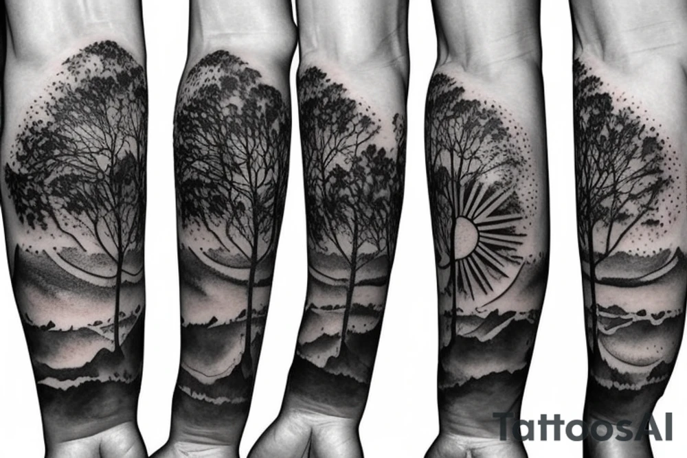 upper arm of beach, forest, sun, and wind tattoo idea