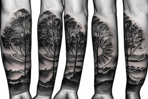 upper arm of beach, forest, sun, and wind tattoo idea