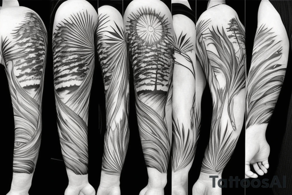 upper arm of beach, forest, sun, and wind tattoo idea